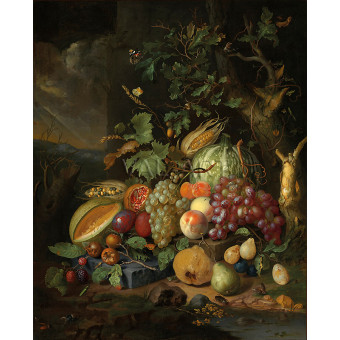 РЕПРОДУКЦИИ НА КАРТИНИ Пъпеш, праскови, грозде, сливи и други плодове и зеленчуци на горска почва (1665)